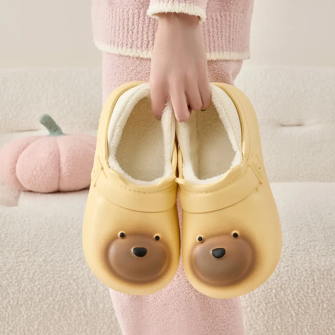 Cute Cartoon Bag Heel Cotton Slippers for Women in Winter, Thick-Soled Non-Slip Fleece-Lined Warm Waterproof and Anti-Fouling Cotton Shoes for Men