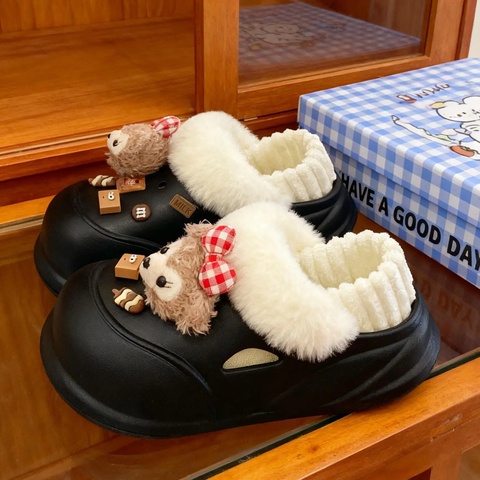Cute Bear Clogs for Women Winter Warm Cotton Shoes - Image 5