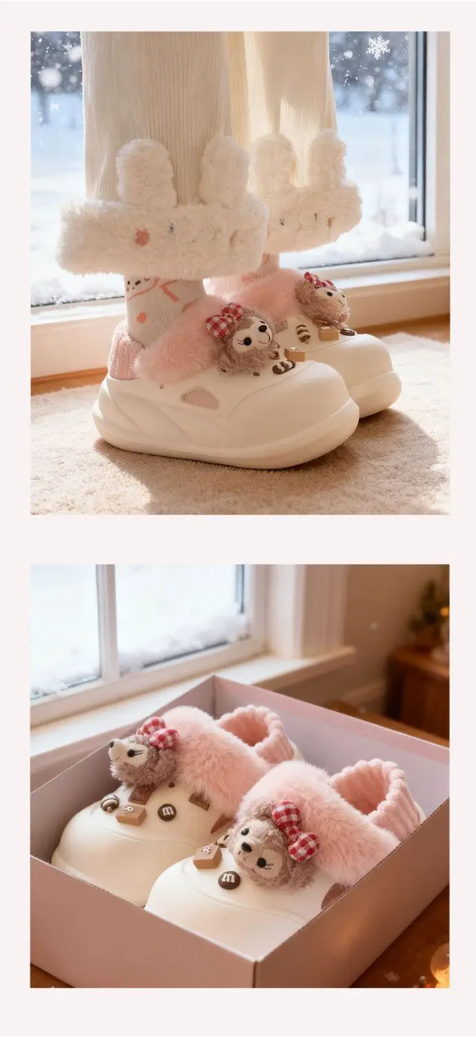 Cute Bear Clogs for Women Winter Warm Cotton Shoes — feature 23