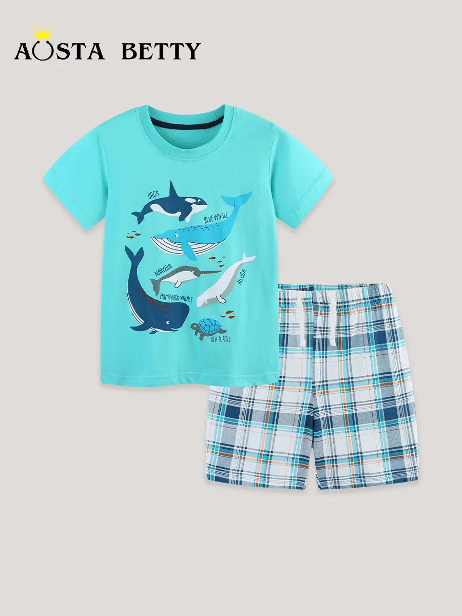 Boys Knitted Cotton T-Shirt & Shorts Set Turquoise Plaid