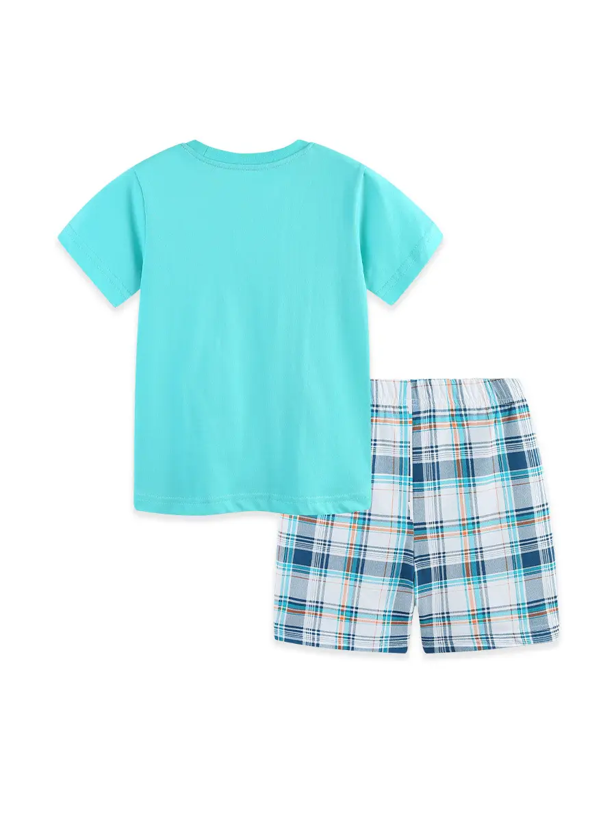 Boys Knitted Cotton T-Shirt & Shorts Set Turquoise Plaid