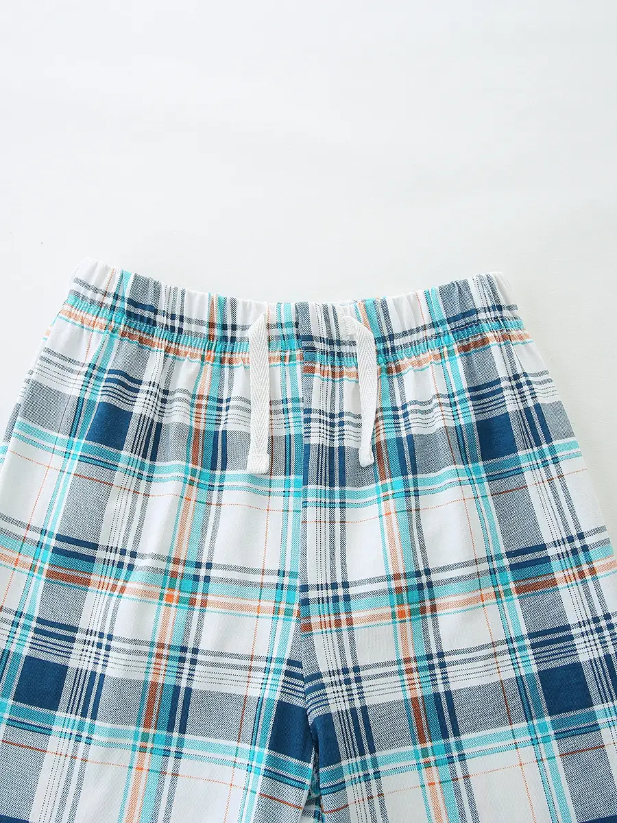 Boys Knitted Cotton T-Shirt & Shorts Set Turquoise Plaid