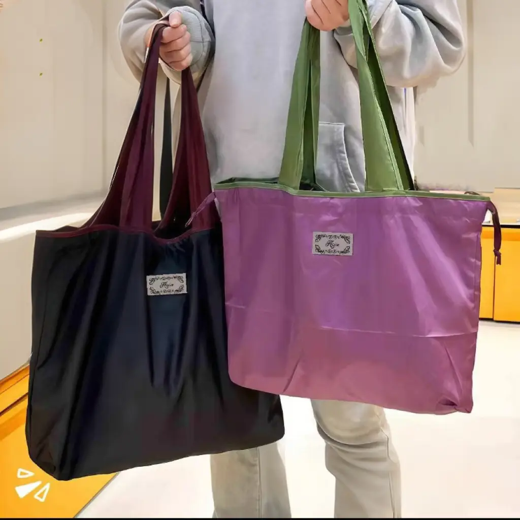 Foldable Drawstring Grocery Bag Purple Green Waterproof Large Capacity - Image 7
