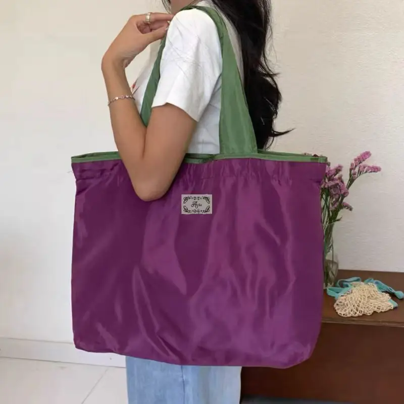 Foldable Drawstring Grocery Bag Purple Green Waterproof Large Capacity — feature 1