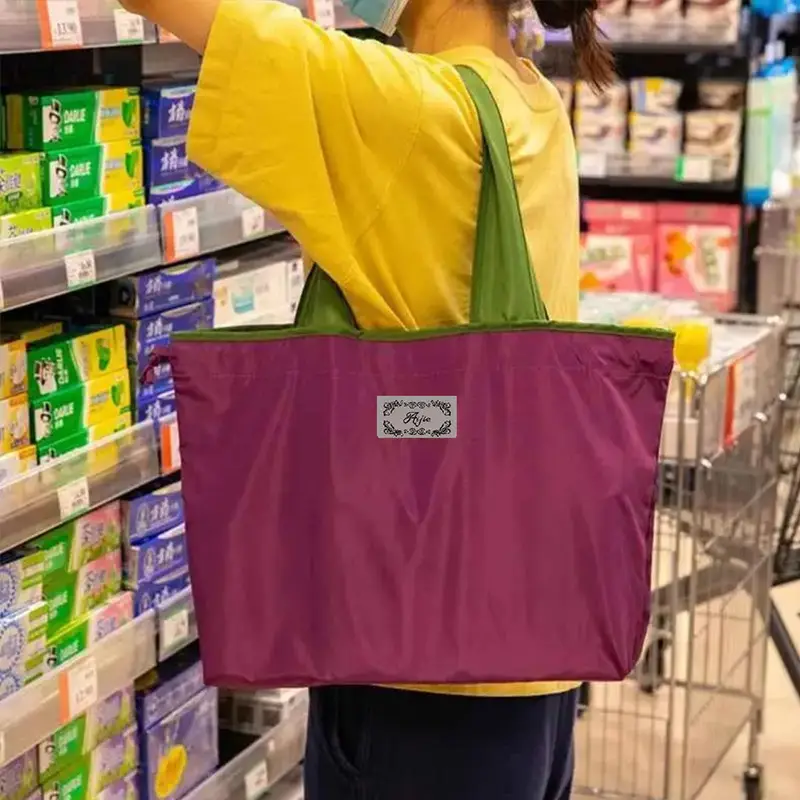 Foldable Drawstring Grocery Bag Purple Green Waterproof Large Capacity — feature 3