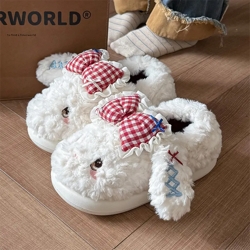 Big Ear Bow Bag Heel Cotton Slippers for Women Winter Indoor and Outdoor Wear Fleece-Lined Warm and Cute Cotton Shoes for Women