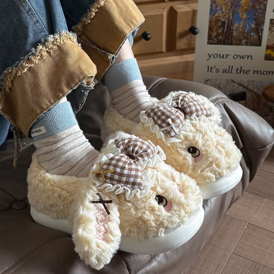 Big Ear Bow Bag Heel Cotton Slippers for Women Winter Indoor and Outdoor Wear Fleece-Lined Warm and Cute Cotton Shoes for Women
