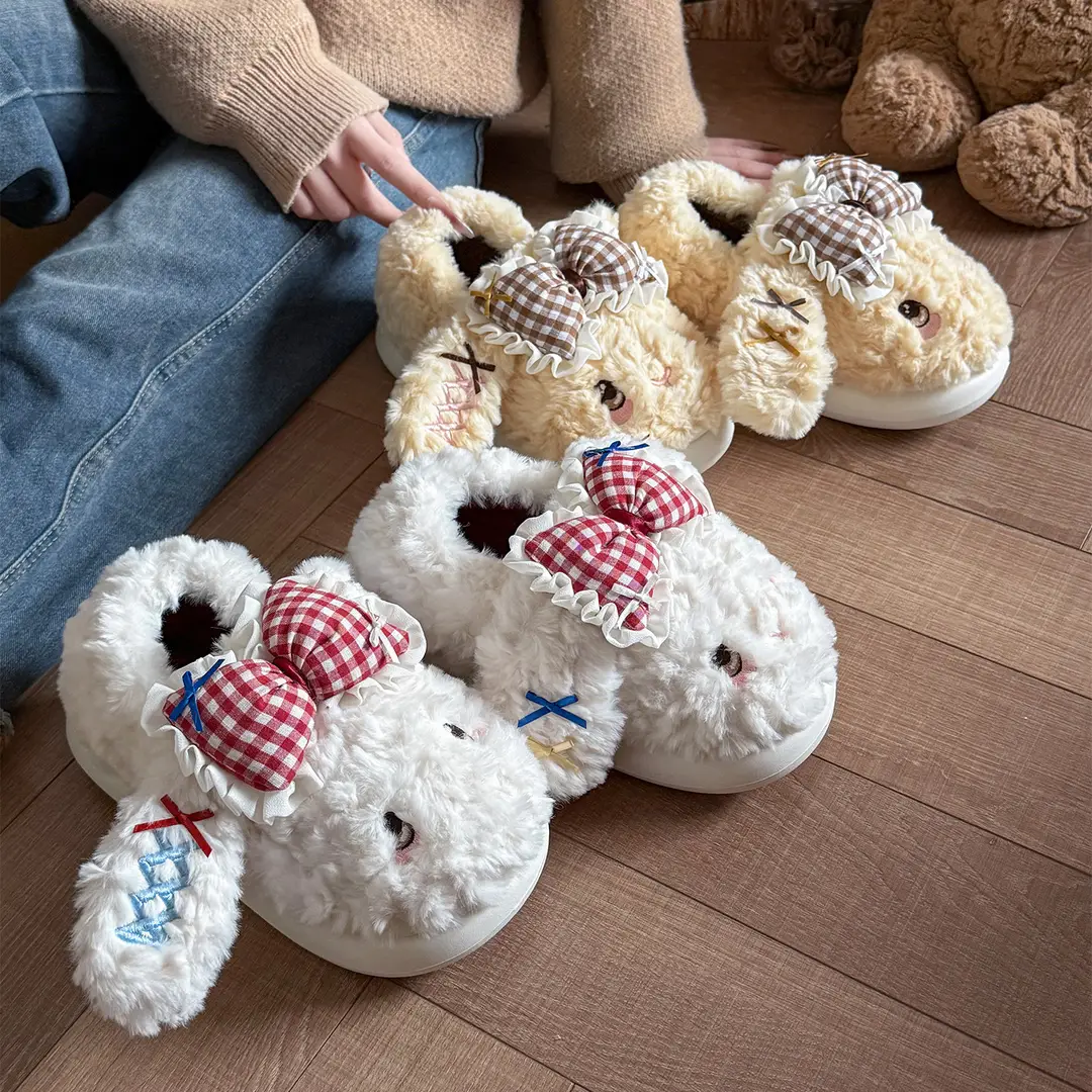 Big Ear Bow Bag Heel Cotton Slippers for Women Winter Indoor and Outdoor Wear Fleece-Lined Warm and Cute Cotton Shoes for Women