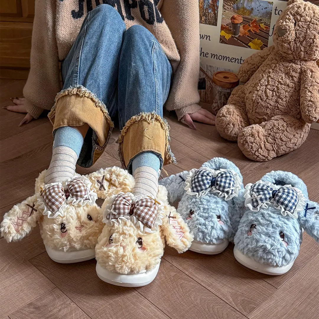 Big Ear Bow Bag Heel Cotton Slippers for Women Winter Indoor and Outdoor Wear Fleece-Lined Warm and Cute Cotton Shoes for Women