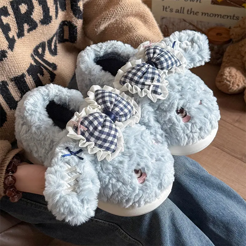 Big Ear Bow Bag Heel Cotton Slippers for Women Winter Indoor and Outdoor Wear Fleece-Lined Warm and Cute Cotton Shoes for Women