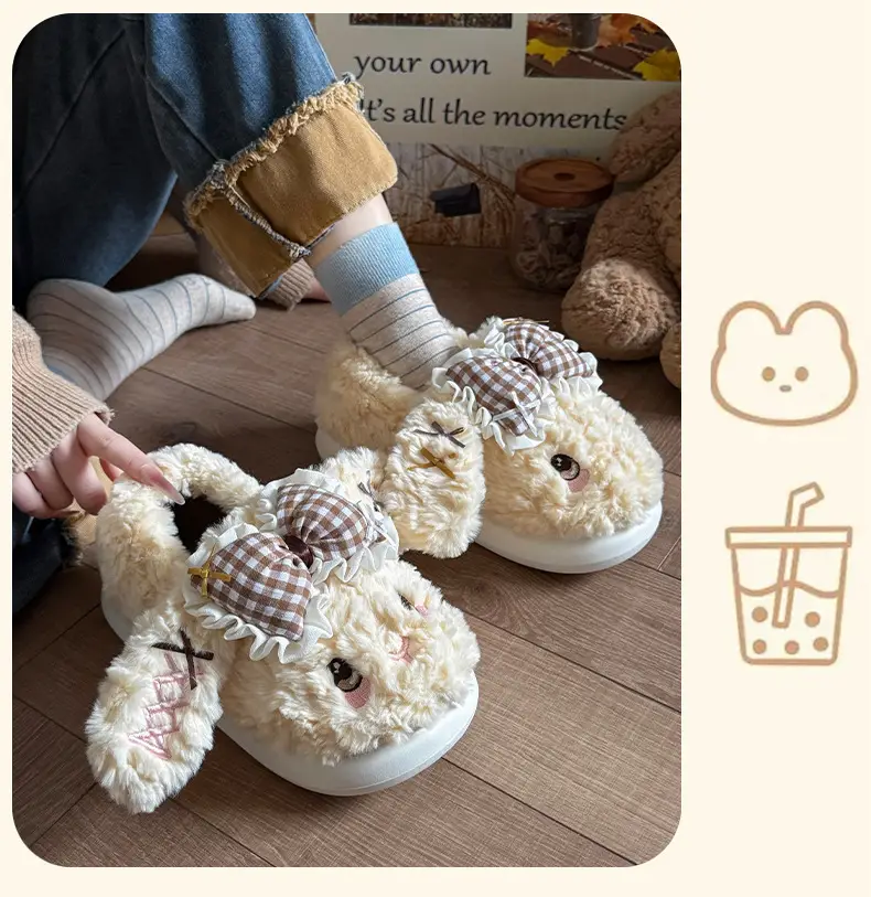 Big Ear Bow Bag Heel Cotton Slippers for Women Winter Indoor and Outdoor Wear Fleece-Lined Warm and Cute Cotton Shoes for Women — feature 11