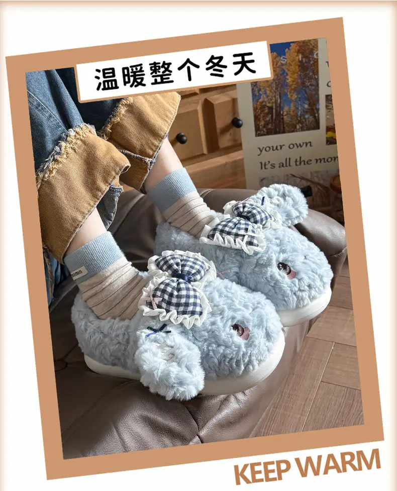 Big Ear Bow Bag Heel Cotton Slippers for Women Winter Indoor and Outdoor Wear Fleece-Lined Warm and Cute Cotton Shoes for Women — feature 4
