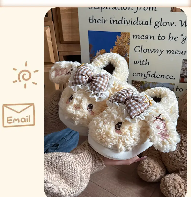 Big Ear Bow Bag Heel Cotton Slippers for Women Winter Indoor and Outdoor Wear Fleece-Lined Warm and Cute Cotton Shoes for Women — feature 5