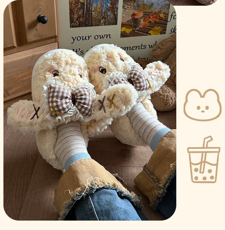 Big Ear Bow Bag Heel Cotton Slippers for Women Winter Indoor and Outdoor Wear Fleece-Lined Warm and Cute Cotton Shoes for Women — feature 6