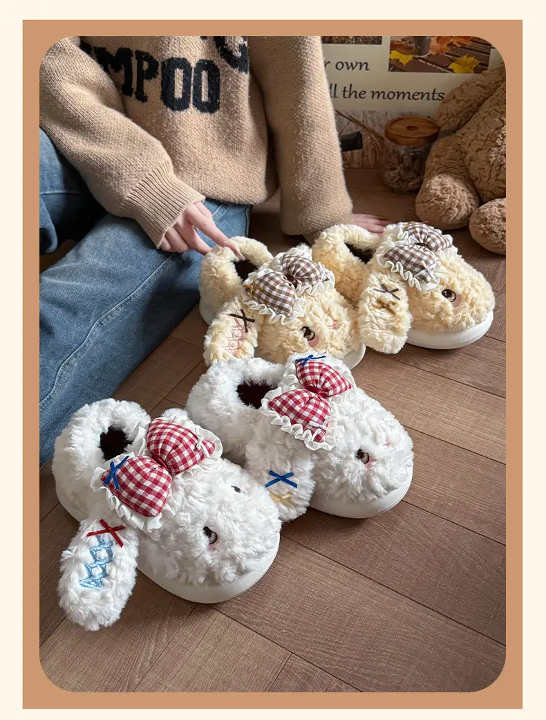 Big Ear Bow Bag Heel Cotton Slippers for Women Winter Indoor and Outdoor Wear Fleece-Lined Warm and Cute Cotton Shoes for Women — feature 7