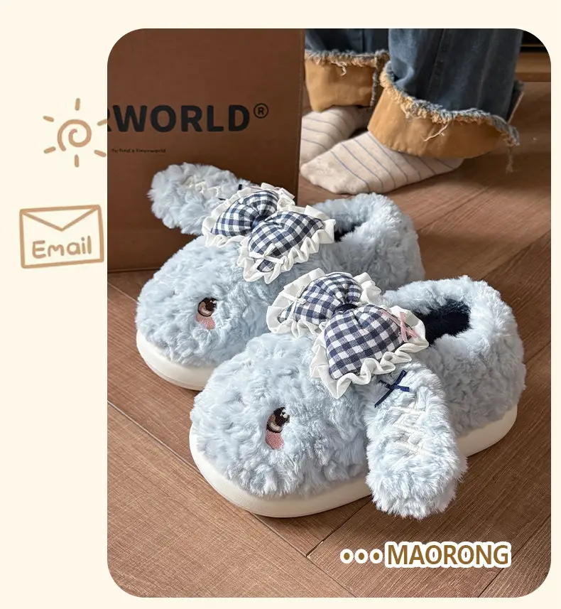 Big Ear Bow Bag Heel Cotton Slippers for Women Winter Indoor and Outdoor Wear Fleece-Lined Warm and Cute Cotton Shoes for Women — feature 9