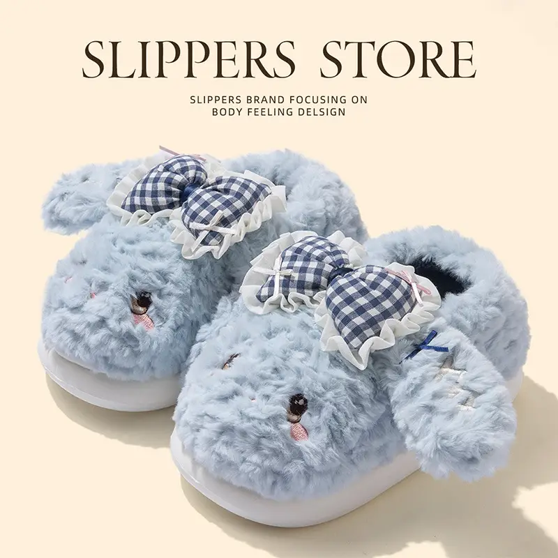 Big Ear Bow Bag Heel Cotton Slippers for Women Winter Indoor and Outdoor Wear Fleece-Lined Warm and Cute Cotton Shoes for Women