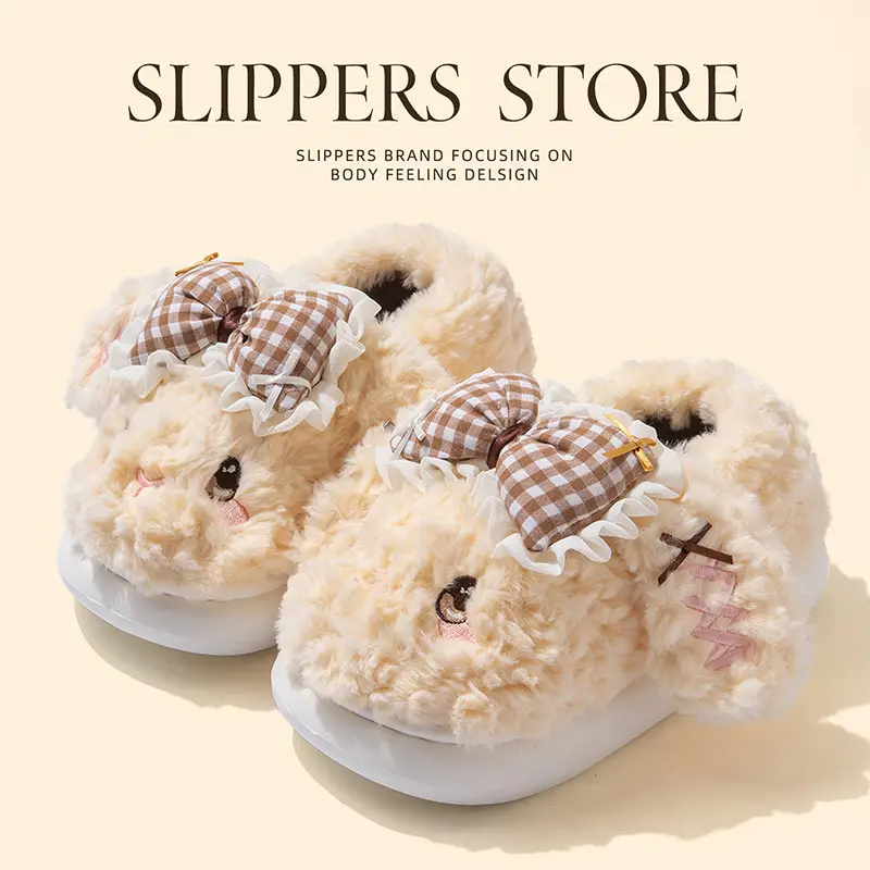 Big Ear Bow Bag Heel Cotton Slippers for Women Winter Indoor and Outdoor Wear Fleece-Lined Warm and Cute Cotton Shoes for Women