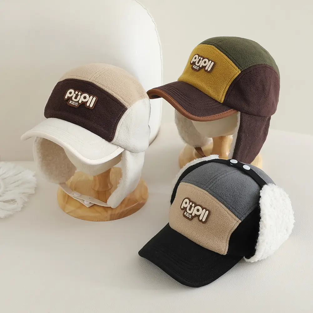 Winter Kids Fleece Cap with Letter Embroidery Black Beige - Image 4