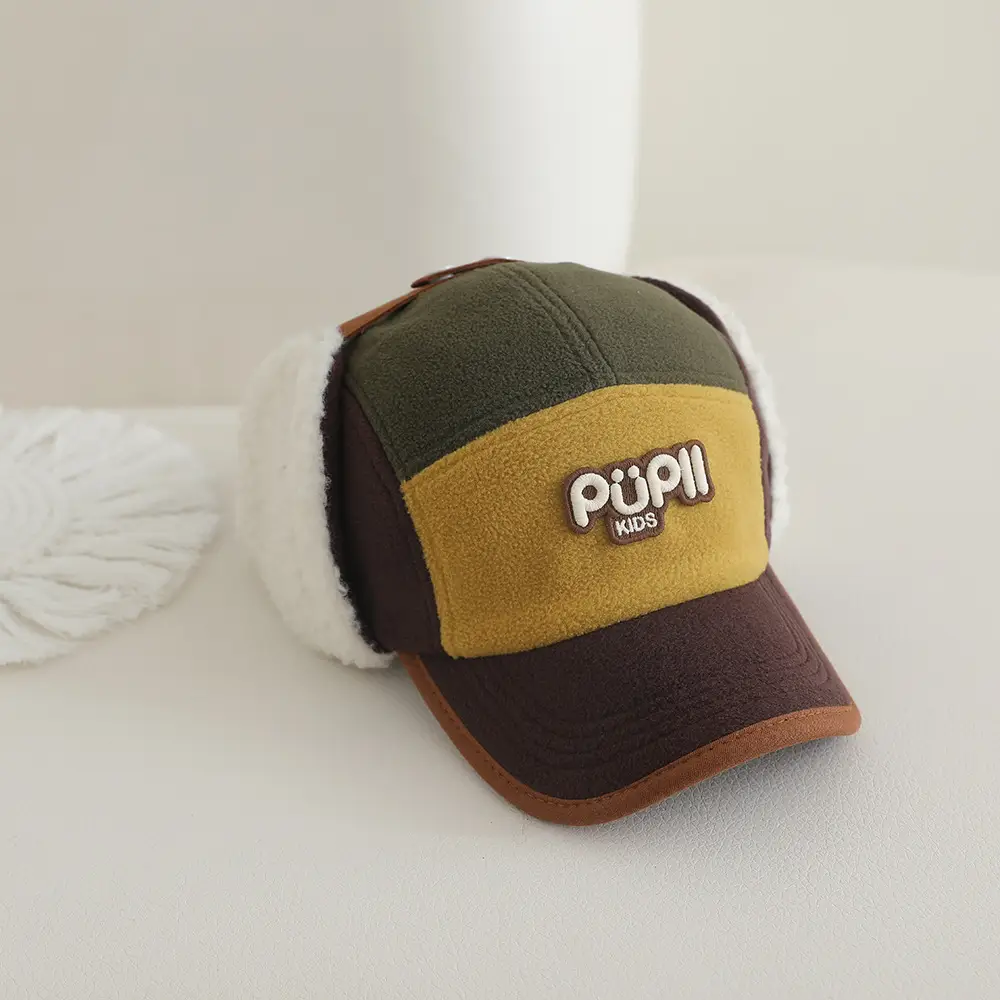 Winter Kids Fleece Cap with Letter Embroidery Black Beige — feature 10