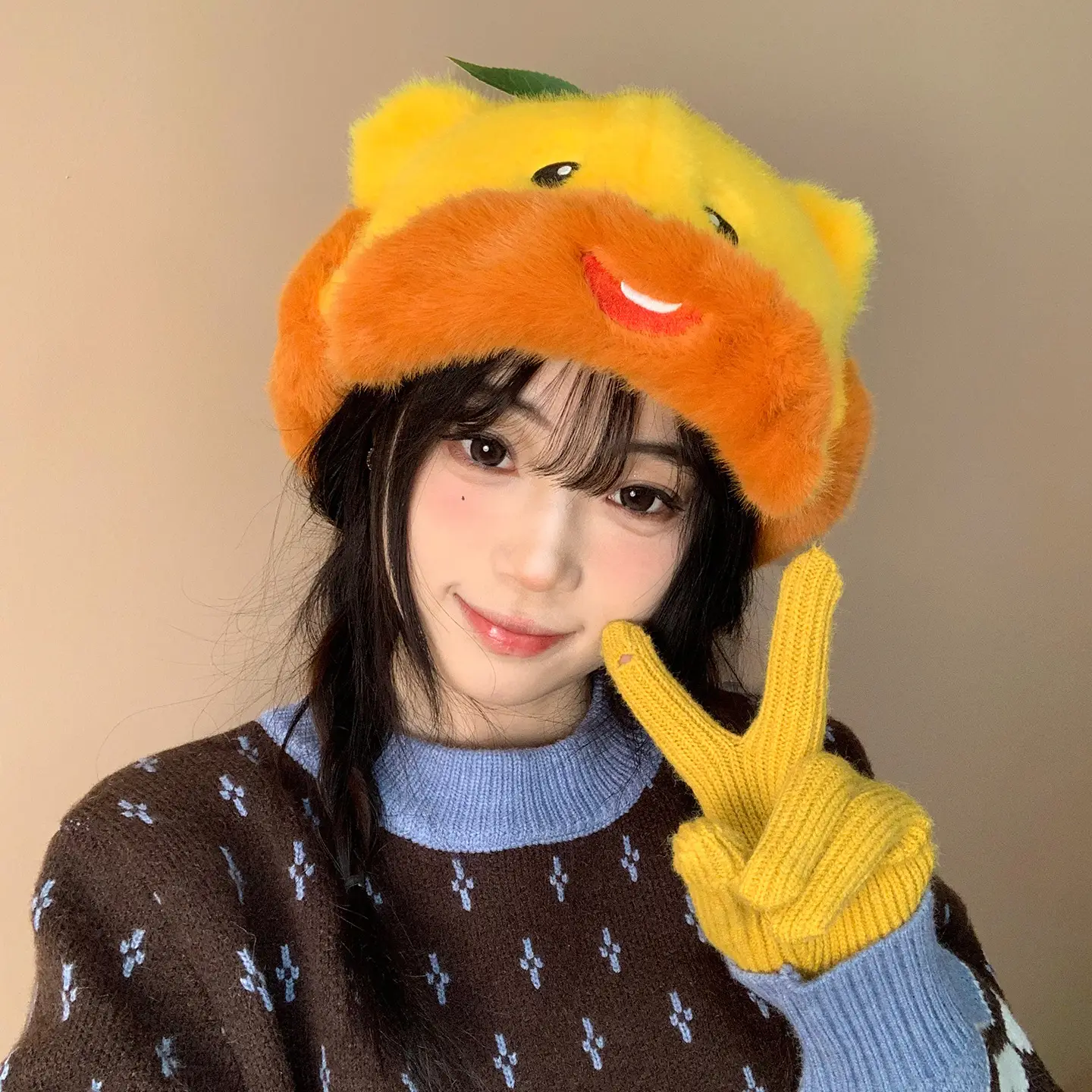 Orange Bear Plush Hat for Women Reversible Bim - Image 3