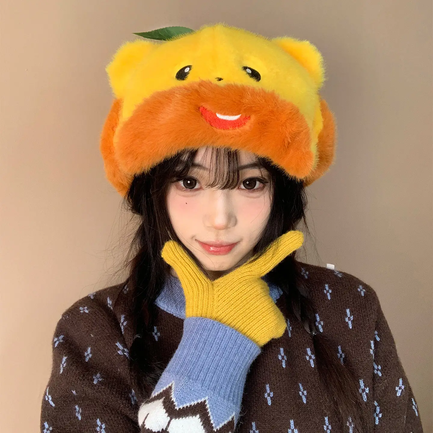 Orange Bear Plush Hat for Women Reversible Bim - Image 4