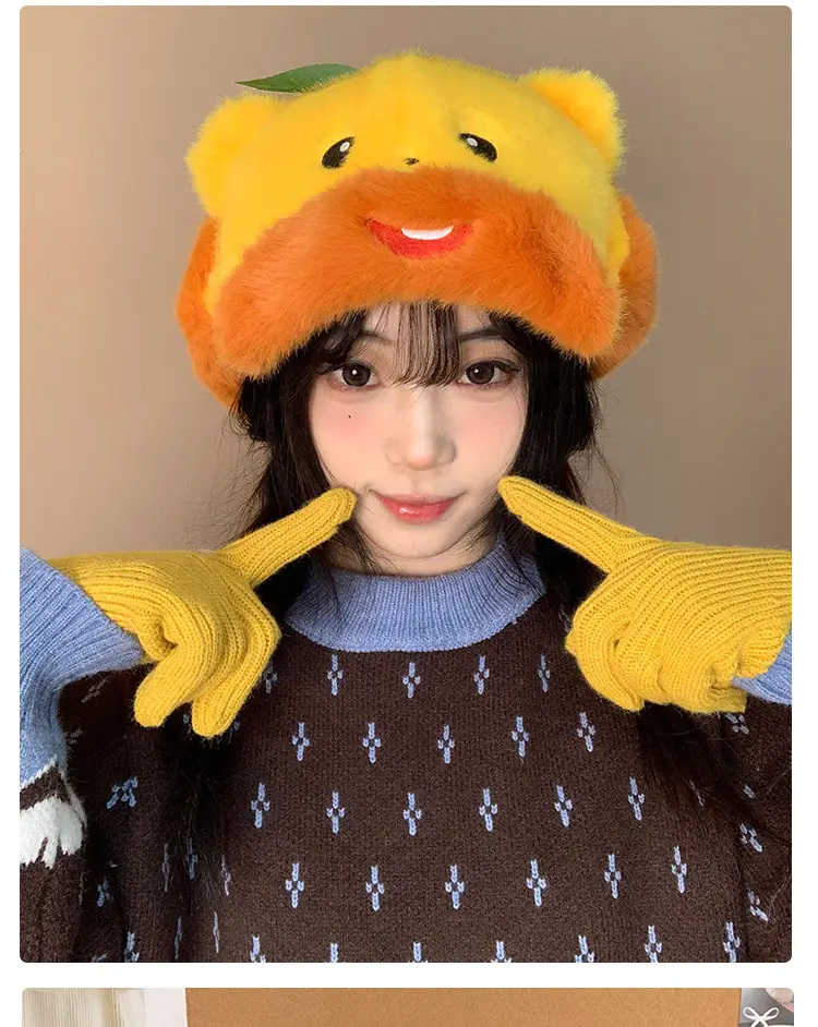 Orange Bear Plush Hat for Women Reversible Bim — feature 10