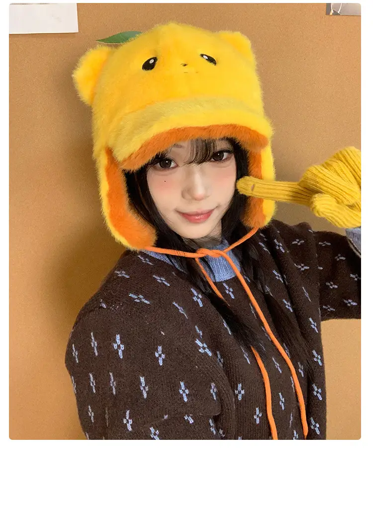 Orange Bear Plush Hat for Women Reversible Bim — feature 12