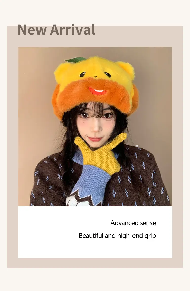 Orange Bear Plush Hat for Women Reversible Bim — feature 3
