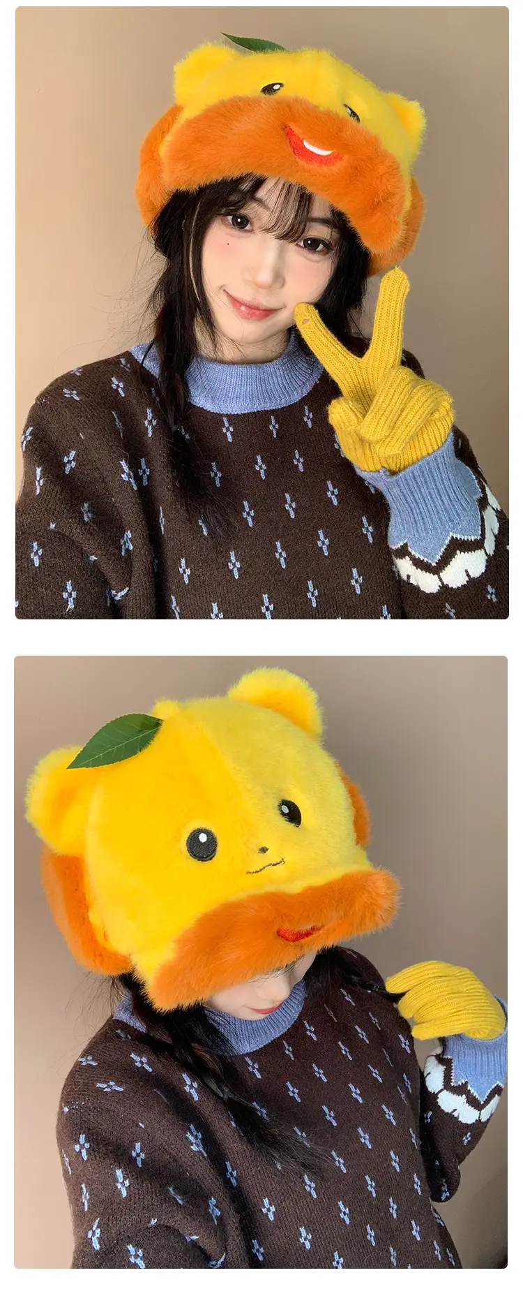 Orange Bear Plush Hat for Women Reversible Bim — feature 7