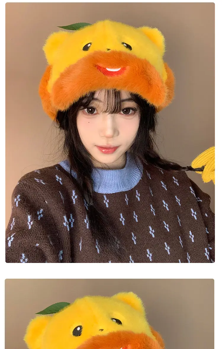 Orange Bear Plush Hat for Women Reversible Bim — feature 8
