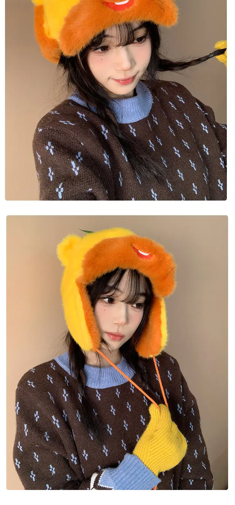 Orange Bear Plush Hat for Women Reversible Bim — feature 9