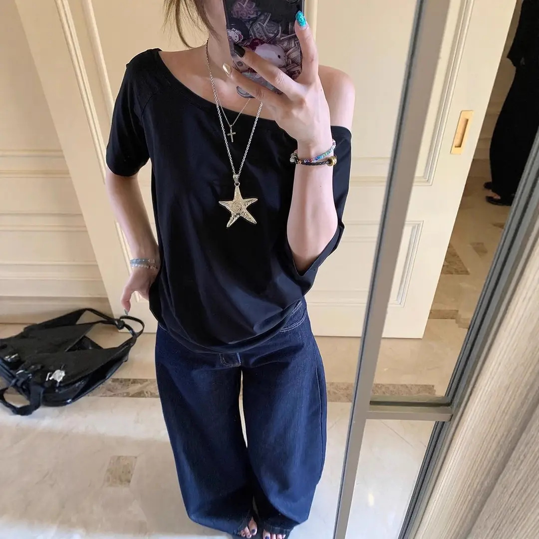 Craftsman One Cross-Border Asymmetrical Off-Shoulder Two-Way Short Sleeve T-Shirt for Women 2026 Spring/Summer New Korean Style Casual Base Shirt Trend