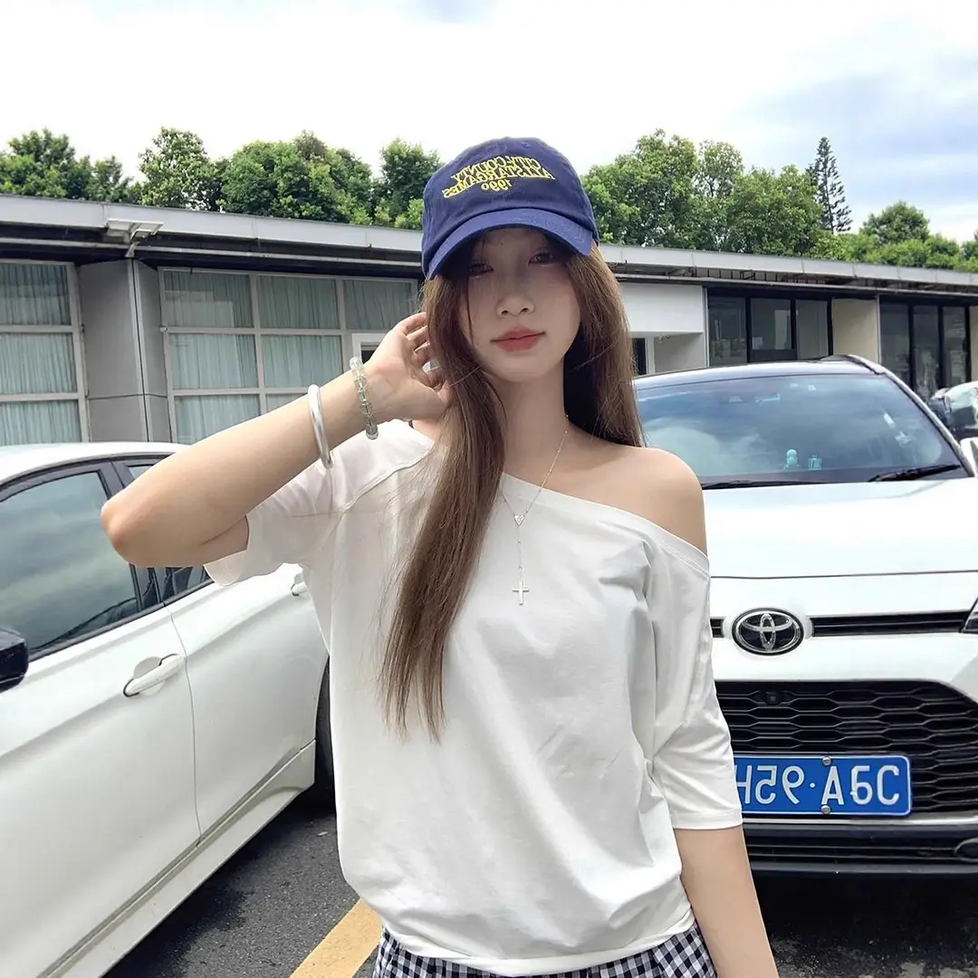 Craftsman One Cross-Border Asymmetrical Off-Shoulder Two-Way Short Sleeve T-Shirt for Women 2026 Spring/Summer New Korean Style Casual Base Shirt Trend