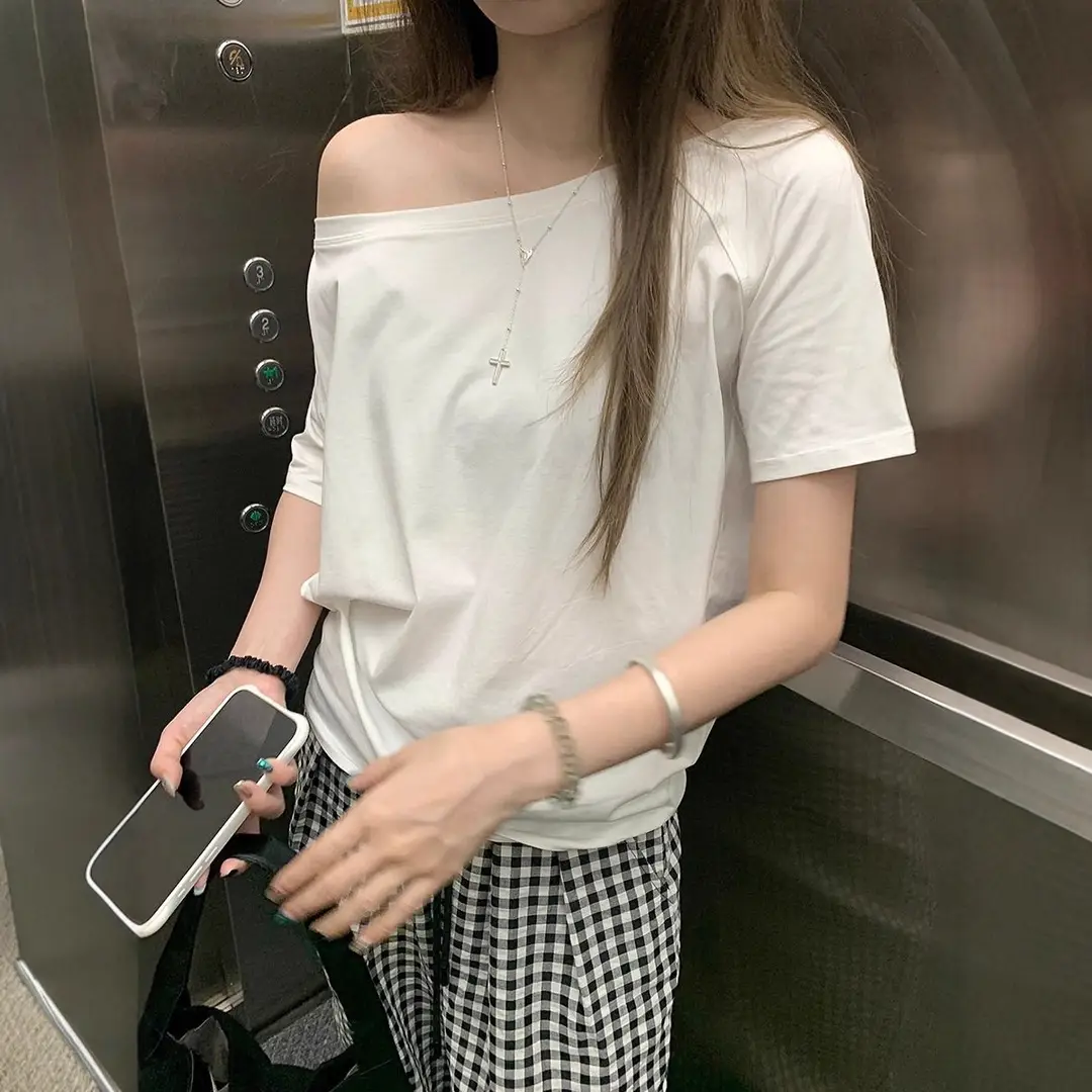 Craftsman One Cross-Border Asymmetrical Off-Shoulder Two-Way Short Sleeve T-Shirt for Women 2026 Spring/Summer New Korean Style Casual Base Shirt Trend