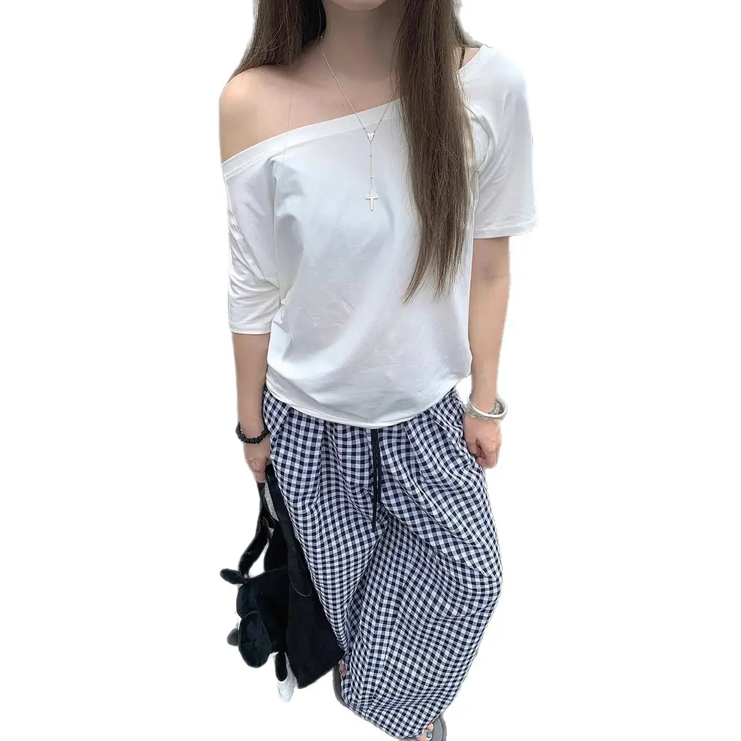 Craftsman One Cross-Border Asymmetrical Off-Shoulder Two-Way Short Sleeve T-Shirt for Women 2026 Spring/Summer New Korean Style Casual Base Shirt Trend