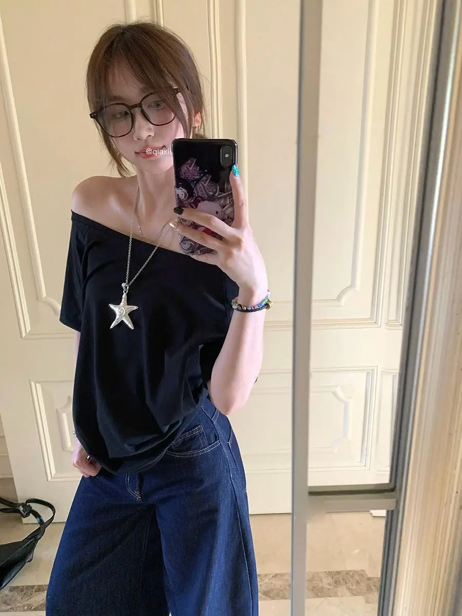 Craftsman One Cross-Border Asymmetrical Off-Shoulder Two-Way Short Sleeve T-Shirt for Women 2026 Spring/Summer New Korean Style Casual Base Shirt Trend — feature 10