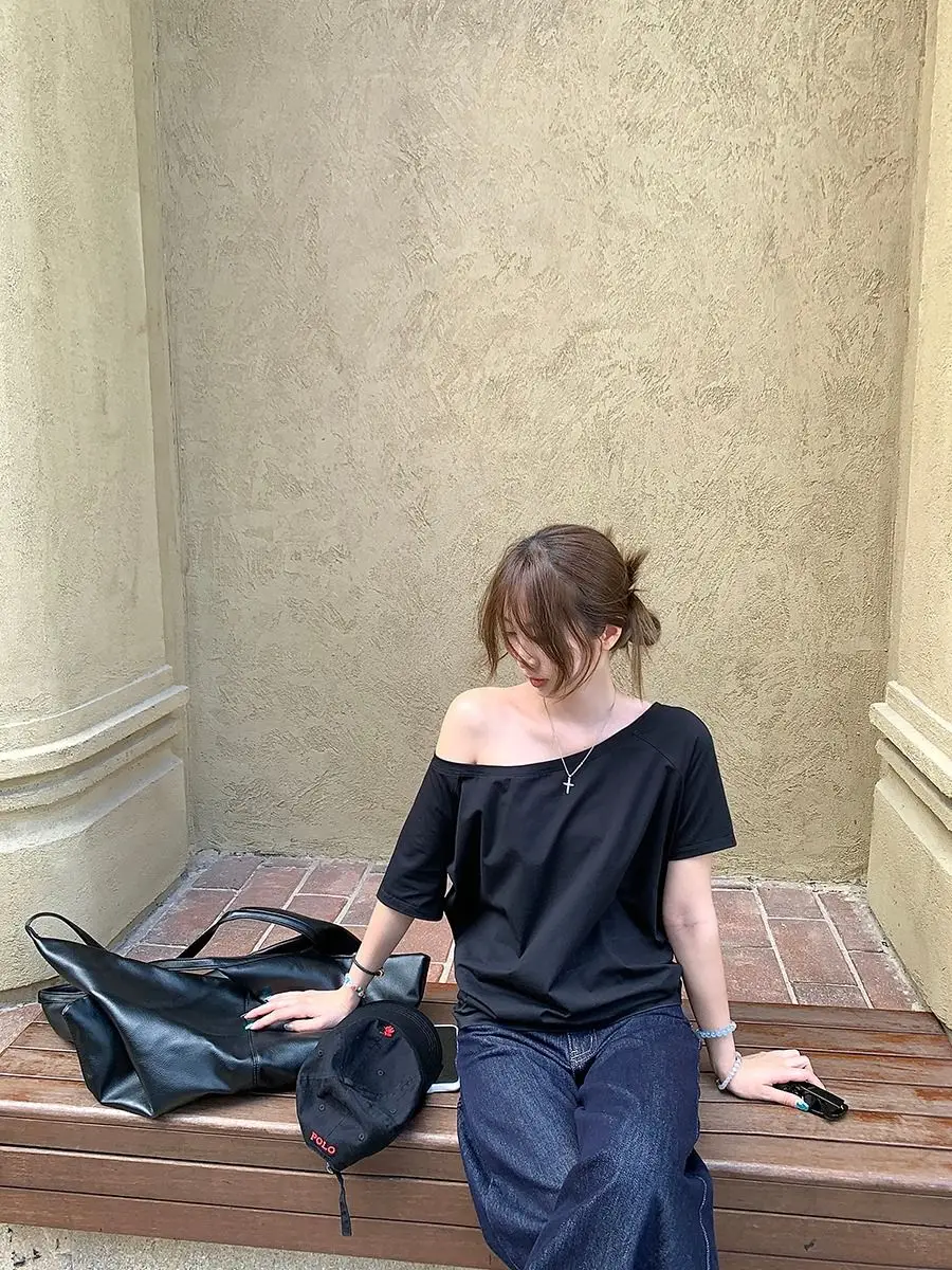 Craftsman One Cross-Border Asymmetrical Off-Shoulder Two-Way Short Sleeve T-Shirt for Women 2026 Spring/Summer New Korean Style Casual Base Shirt Trend — feature 11