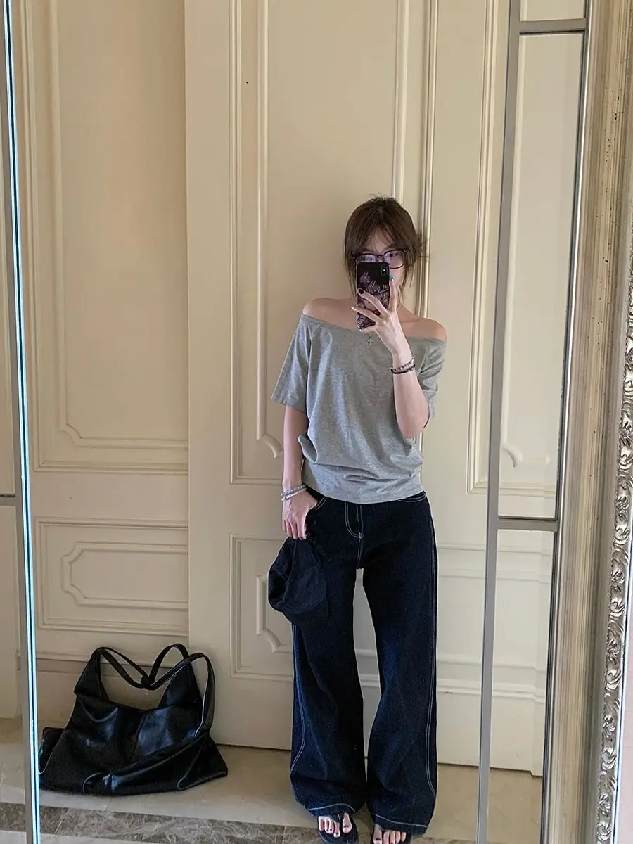 Craftsman One Cross-Border Asymmetrical Off-Shoulder Two-Way Short Sleeve T-Shirt for Women 2026 Spring/Summer New Korean Style Casual Base Shirt Trend — feature 13
