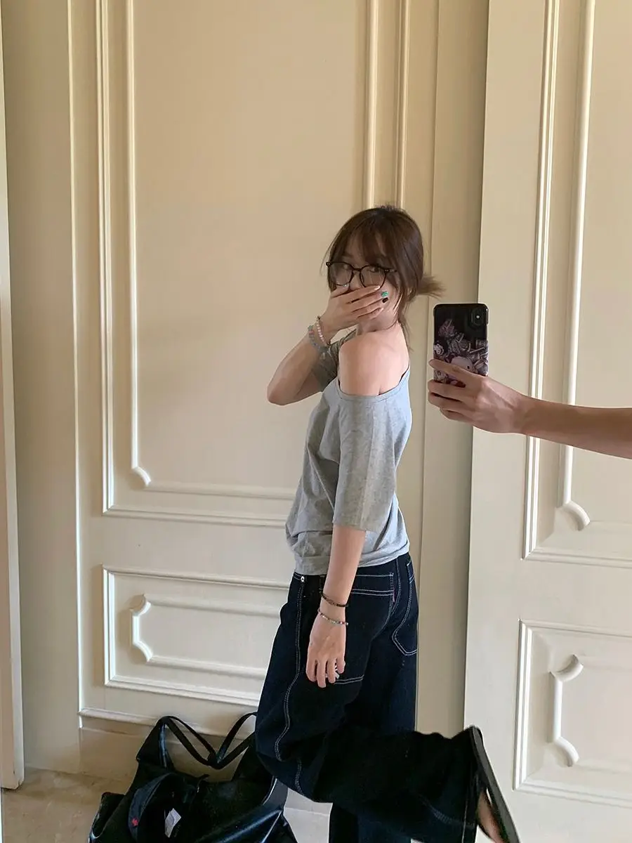 Craftsman One Cross-Border Asymmetrical Off-Shoulder Two-Way Short Sleeve T-Shirt for Women 2026 Spring/Summer New Korean Style Casual Base Shirt Trend — feature 14