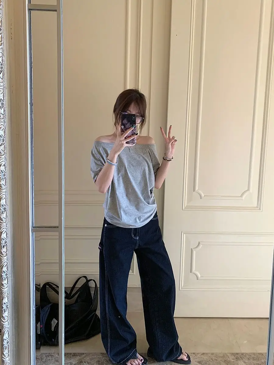 Craftsman One Cross-Border Asymmetrical Off-Shoulder Two-Way Short Sleeve T-Shirt for Women 2026 Spring/Summer New Korean Style Casual Base Shirt Trend — feature 15