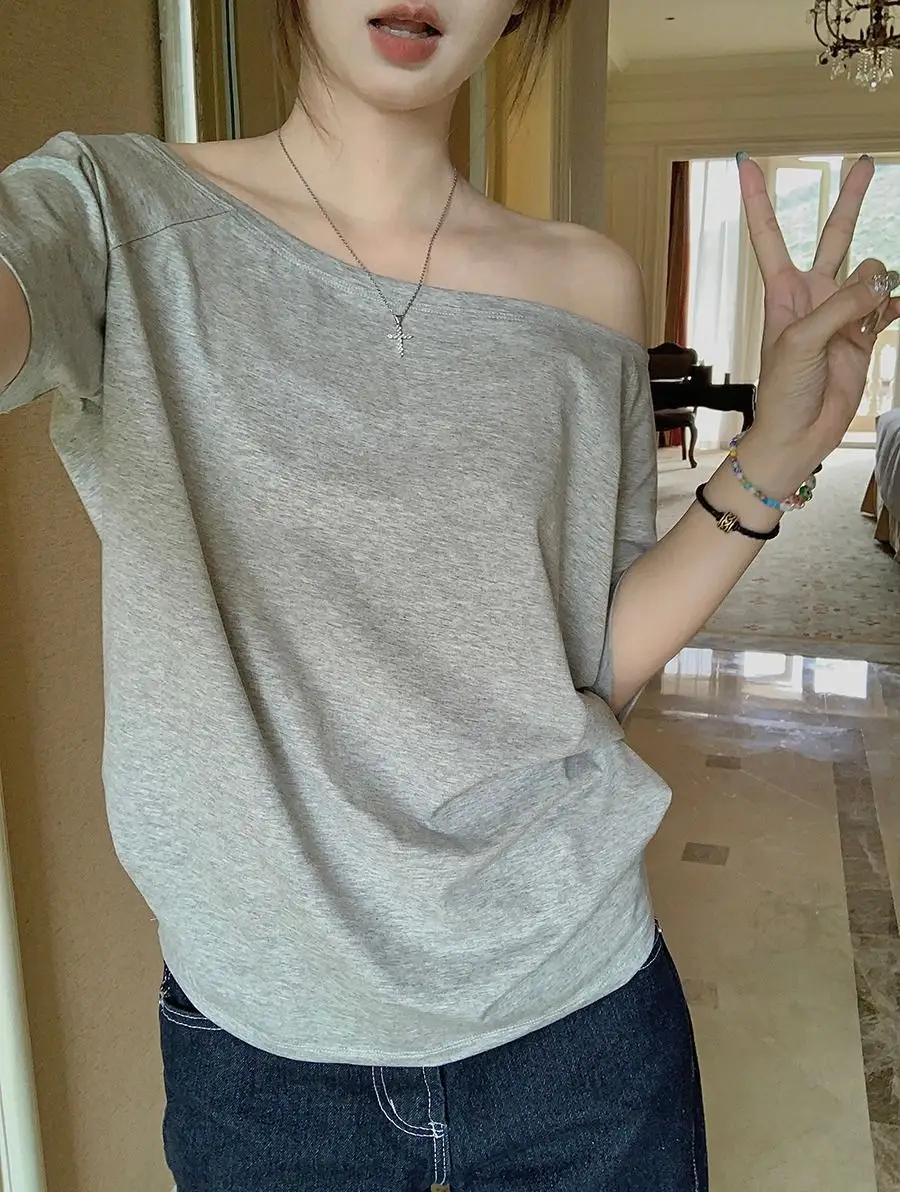 Craftsman One Cross-Border Asymmetrical Off-Shoulder Two-Way Short Sleeve T-Shirt for Women 2026 Spring/Summer New Korean Style Casual Base Shirt Trend — feature 16