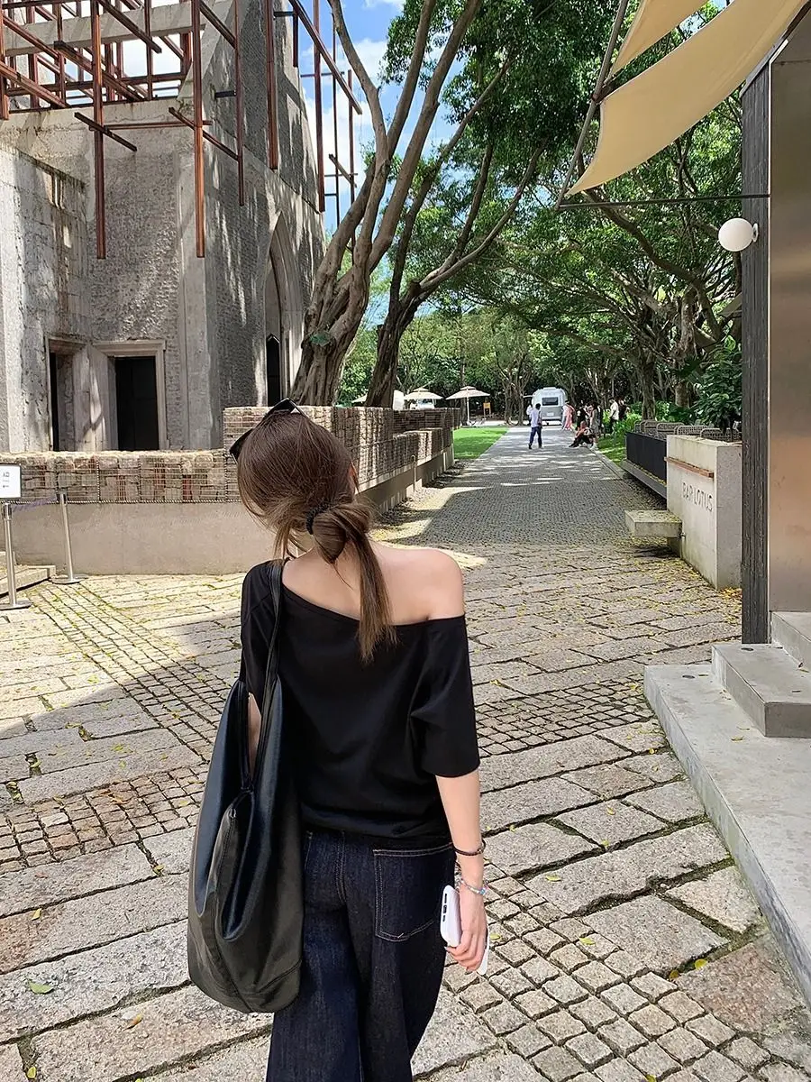 Craftsman One Cross-Border Asymmetrical Off-Shoulder Two-Way Short Sleeve T-Shirt for Women 2026 Spring/Summer New Korean Style Casual Base Shirt Trend — feature 17
