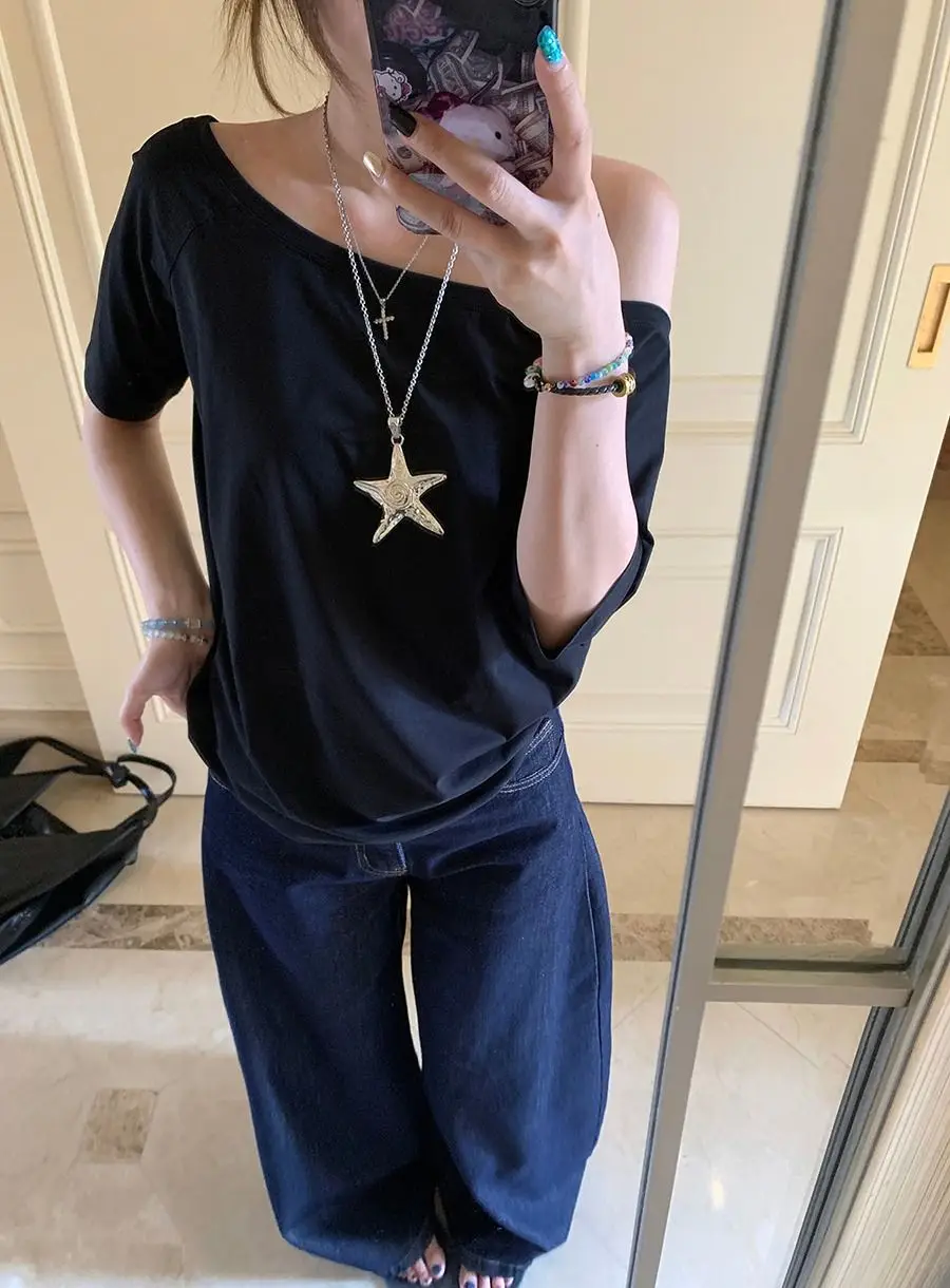 Craftsman One Cross-Border Asymmetrical Off-Shoulder Two-Way Short Sleeve T-Shirt for Women 2026 Spring/Summer New Korean Style Casual Base Shirt Trend — feature 18