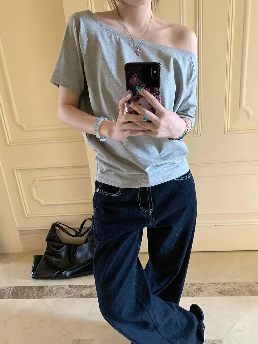 Craftsman One Cross-Border Asymmetrical Off-Shoulder Two-Way Short Sleeve T-Shirt for Women 2026 Spring/Summer New Korean Style Casual Base Shirt Trend — feature 19