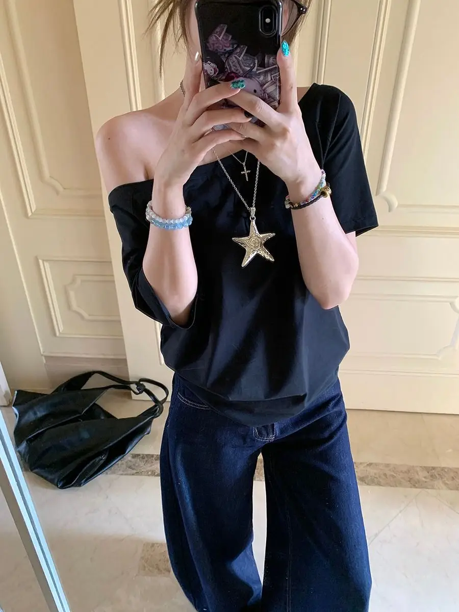 Craftsman One Cross-Border Asymmetrical Off-Shoulder Two-Way Short Sleeve T-Shirt for Women 2026 Spring/Summer New Korean Style Casual Base Shirt Trend — feature 2
