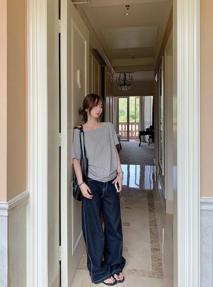 Craftsman One Cross-Border Asymmetrical Off-Shoulder Two-Way Short Sleeve T-Shirt for Women 2026 Spring/Summer New Korean Style Casual Base Shirt Trend — feature 20
