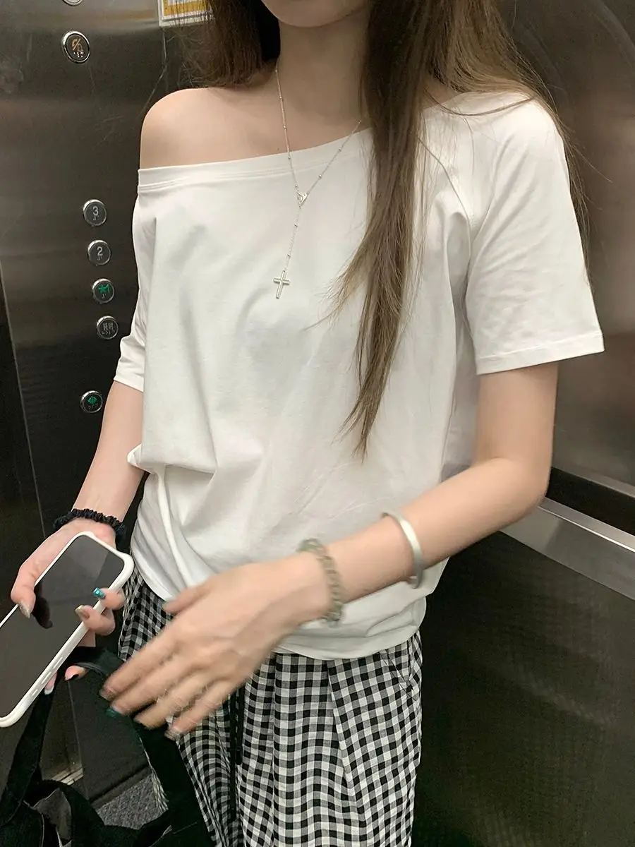 Craftsman One Cross-Border Asymmetrical Off-Shoulder Two-Way Short Sleeve T-Shirt for Women 2026 Spring/Summer New Korean Style Casual Base Shirt Trend — feature 22