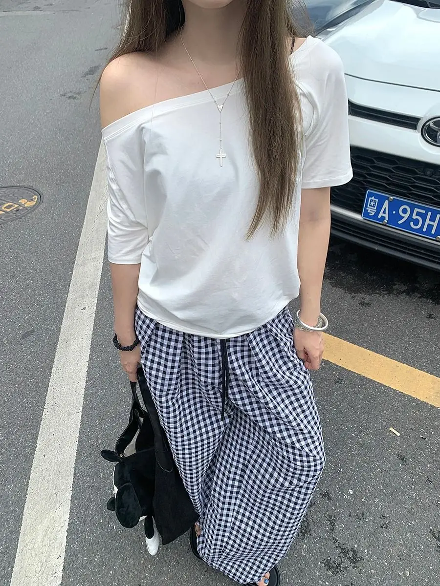 Craftsman One Cross-Border Asymmetrical Off-Shoulder Two-Way Short Sleeve T-Shirt for Women 2026 Spring/Summer New Korean Style Casual Base Shirt Trend — feature 24