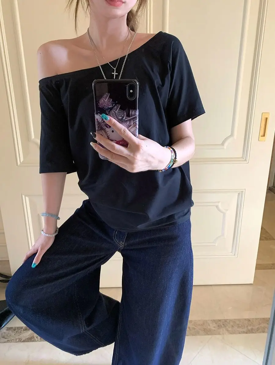 Craftsman One Cross-Border Asymmetrical Off-Shoulder Two-Way Short Sleeve T-Shirt for Women 2026 Spring/Summer New Korean Style Casual Base Shirt Trend — feature 4